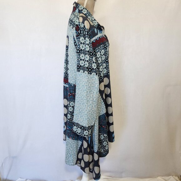 Tulip Women's Oversized Small Multi-Color Patchwork Asymmetric Button Tunic Top - Picture 8 of 15